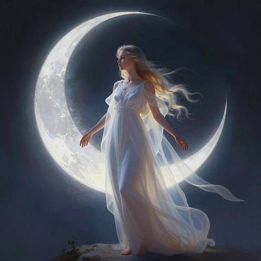 Photograph-style digital art of a blonde woman in a flowing white dress standing before glowing, luminous crescent moons in a dark night sky.
