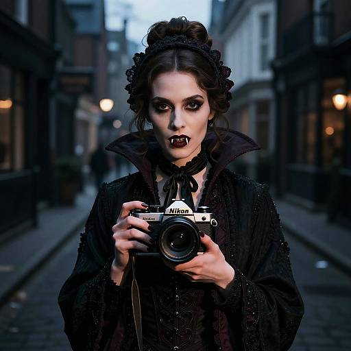 Photograph of a pale woman with dark makeup, black lace headpiece, and gothic attire, holding a Nikon camera on a dimly lit,