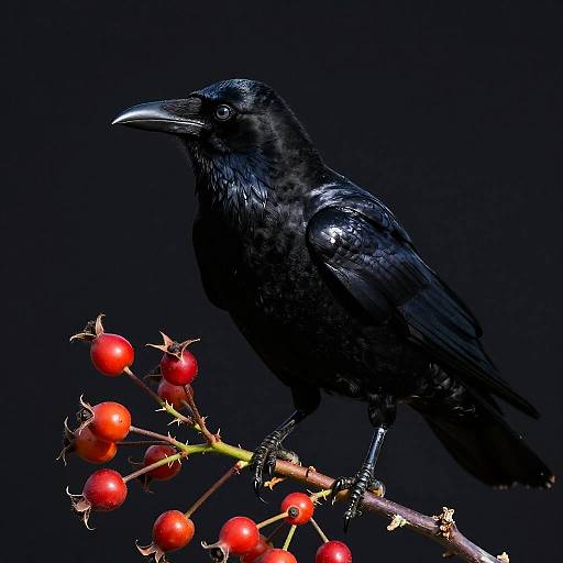 Glossy Black Crow with Rosehips