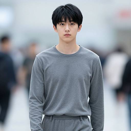 Photograph of a young East Asian male with short black hair, wearing a gray long-sleeve shirt and matching pants, standing in a blurred,