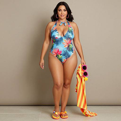 Photograph of a curvy woman with medium brown skin, black wavy hair, wearing a colorful tropical-patterned halter swimsuit, holding a