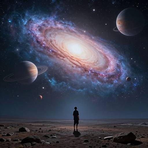 Silhouetted figure stands on rocky planet surface, gazing at vibrant, swirling galaxy with multiple planets in the starry night sky. Digital art
