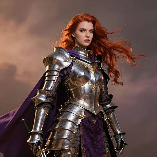 Digital artwork of a fierce red-haired woman in silver armor with a purple cloak, standing against a dramatic, cloudy sky.
