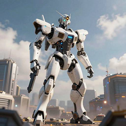 Futuristic Mecha Robot with Weapon in Cityscape