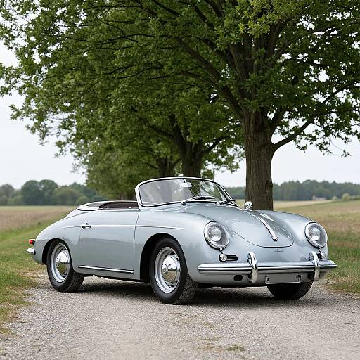 Photograph of a silver vintage convertible car with a soft top, parked on a gravel path under a large green tree.