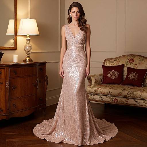 Photograph of a brunette woman in a shimmering, rose-gold, V-neck, floor-length sequin gown, standing in an elegant room with