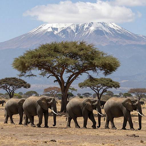 Elephants on a Savanna with Mountains
