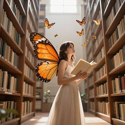 Photograph of a woman with large orange butterfly wings, wearing a white dress, reading in a sunlit library aisle with floating butterflies.