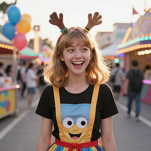 Photograph of a smiling Asian woman with shoulder-length blonde hair, wearing a Minion costume apron, antler headband, and black shirt,