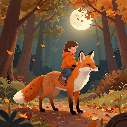 Digital illustration of a child in an orange hoodie riding a fox through an autumn forest under a full moon.