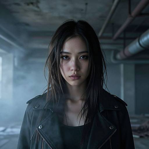 Photograph-style CGI of a wet-haired, Asian woman with serious expression, wearing a black leather jacket, in a dimly lit, industrial, blue