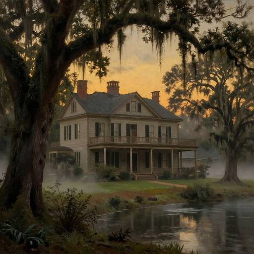 Photograph of a grand, two-story antebellum mansion at sunset, surrounded by mist, large trees, and a reflective pond, with a