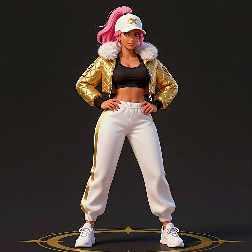 Confident Woman in Gold Quilted Jacket and White Pants