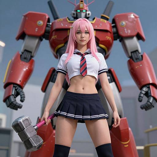 CGI anime-style girl with pink hair, white crop top, red tie, black skirt, holding hammer, standing in front of red mech robot.
