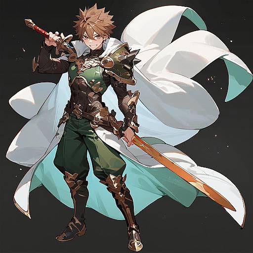 Anime-style digital illustration of a brown-haired, armored warrior with a flowing white cape, holding a golden sword, standing confidently against a dark background.