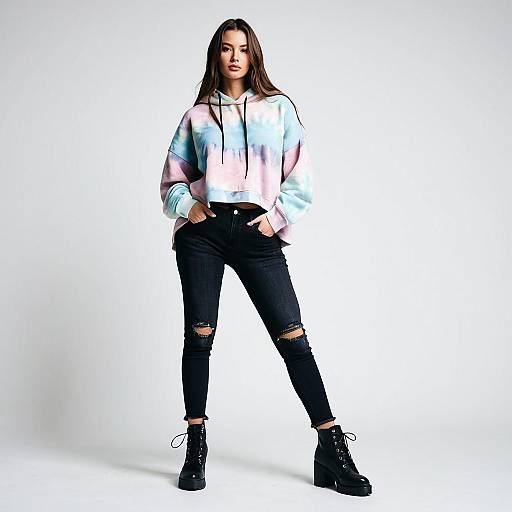 Stylish woman in pastel tie-dye hoodie and black skinny jeans