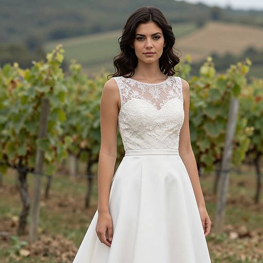 Photograph of a beautiful brunette woman with wavy hair, wearing a sleeveless white lace wedding dress, standing in a vineyard with rolling hills in