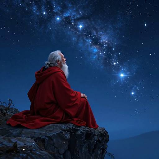 Photograph of a white-bearded Santa Claus in a red robe, sitting on a rocky cliff, gazing at a starry night sky.