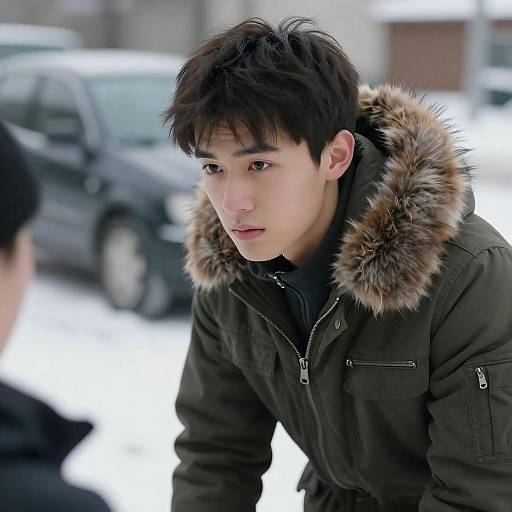 Snowy Confrontation: Man in Fur-Collared Jacket