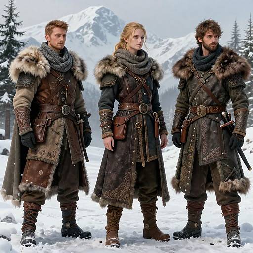 Photograph-style CGI of three Viking warriors in fur-trimmed, leather winter cloaks, standing in snowy mountain landscape, with evergreen trees.