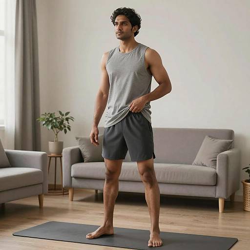 Photograph of a muscular, dark-haired man in a grey tank top and black shorts, standing barefoot on a yoga mat in a modern living room