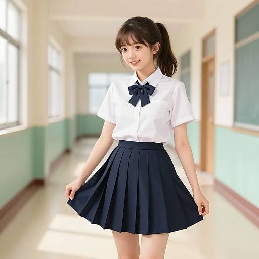 CGI image of a cute Japanese schoolgirl with black pigtails, white blouse, and navy skirt, smiling in a bright, sunlit hallway