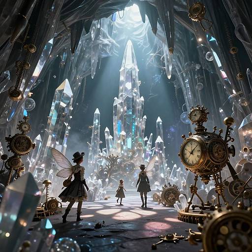 Fantasy digital artwork: Three silhouetted figures with fairy wings in a dim, crystal-filled cavern, surrounded by glowing clockwork machinery and radiant