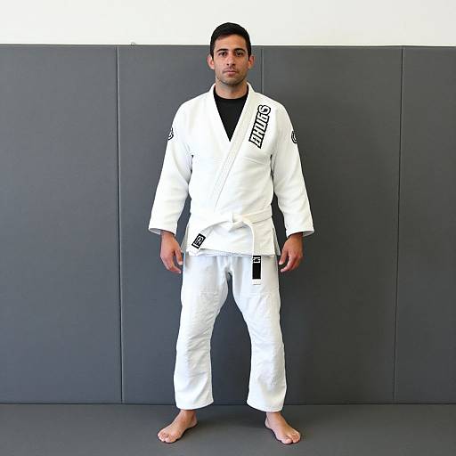 Photograph of a young man with short dark hair, wearing a white judo gi, black shirt underneath, standing barefoot against a dark gray padded