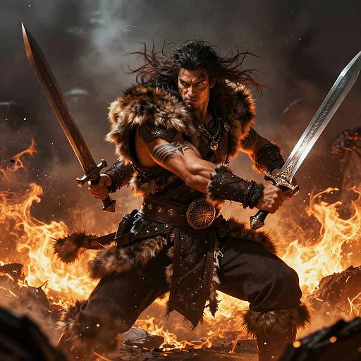 Photorealistic digital artwork of a fierce, muscular warrior with long black hair, fur cloak, and dual swords, standing amidst fiery chaos.