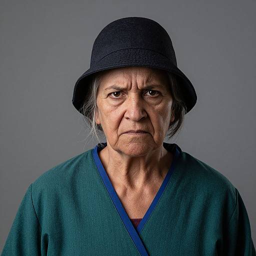 Photograph of an elderly Asian woman with wrinkled skin, wearing a black bucket hat and teal V-neck kimono, against a gray background. She