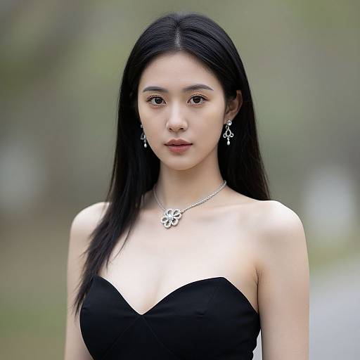 Photograph of an Asian woman with long black hair, wearing a strapless black dress, silver necklace, and matching earrings, standing outdoors with a blurred