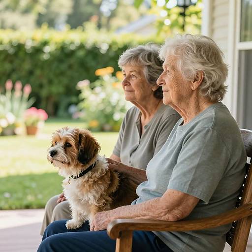 Photograph of two elderly women with short gray hair, sitting on a wooden porch, smiling at a small, brown and white dog. Bright, sunny