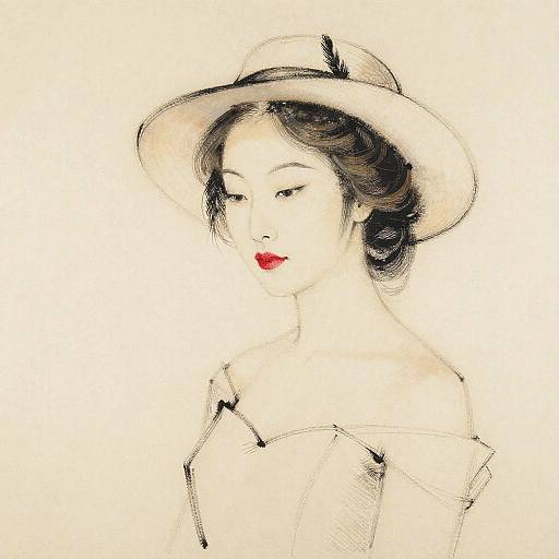 Elegant Woman in Hat with Feathered Hair Sketch