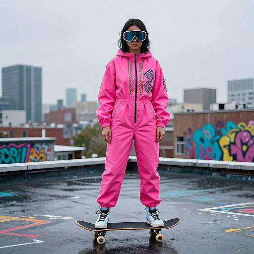 Photograph of a young woman with dark hair wearing pink jumpsuit, black-and-white sneakers, and blue-tinted goggles, skateboarding on a
