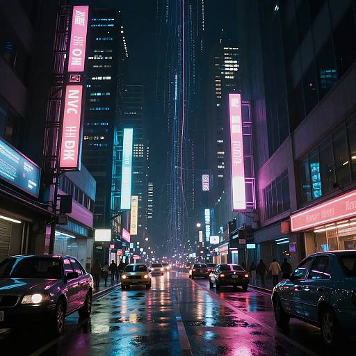 Neon-lit, rainy city street at night, vibrant pink and blue signs, reflections on wet pavement, cars parked and driving, tall skyscrap