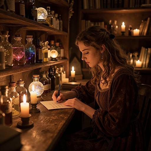 Photograph: Young woman with wavy brown hair, wearing a dark, patterned dress, writes in a candlelit, wooden bookshelf-filled ap