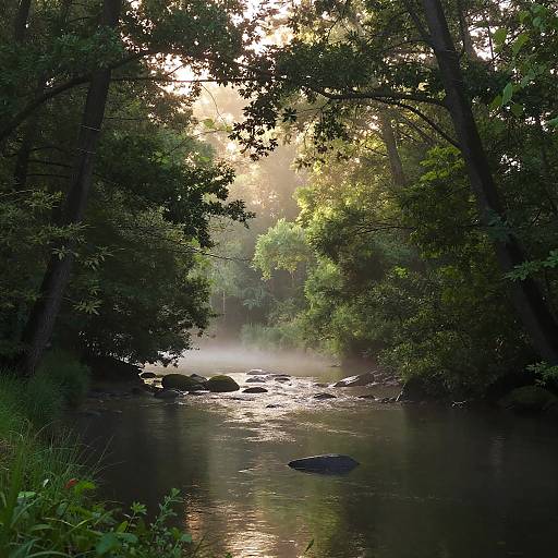 Serene Forest Dawn with Mist