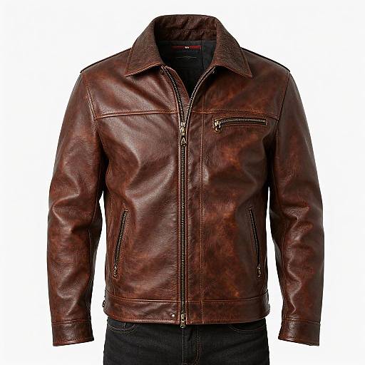 Photograph of a brown, distressed leather biker jacket with a collar, zipper front, chest pocket, and black jeans underneath.