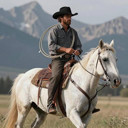 Bearded Man on a White Horse in Mountains