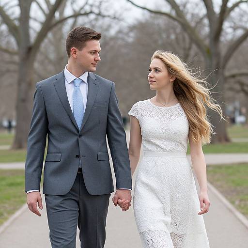 Photograph of a handsome man in a gray suit holding hands with a beautiful woman in a white lace dress, walking in a park with bare trees.