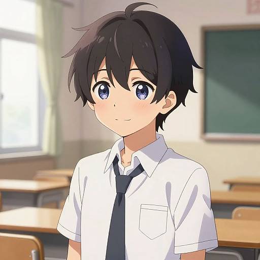 Anime-style digital drawing of a young boy with black hair and blue eyes, wearing a white shirt, black tie, and standing in a sunlit classroom