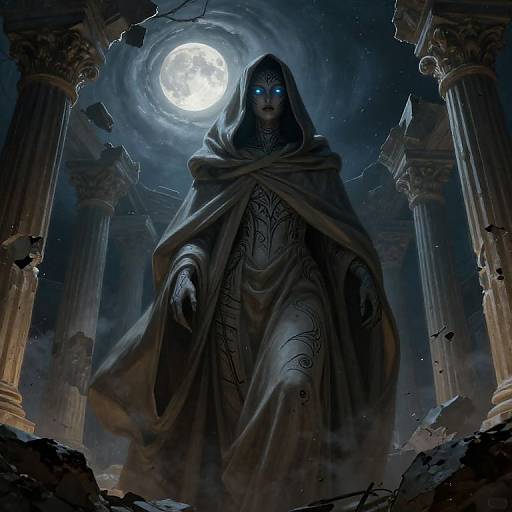 Enigmatic Cloaked Figure in Moonlight