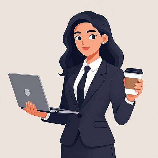 Digital illustration of a smiling, dark-haired woman in a black suit, white shirt, and black tie, holding a laptop and coffee cup.