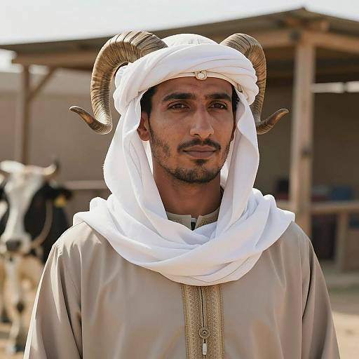 Middle Eastern Man in Shepherd Costume with Ram Horns