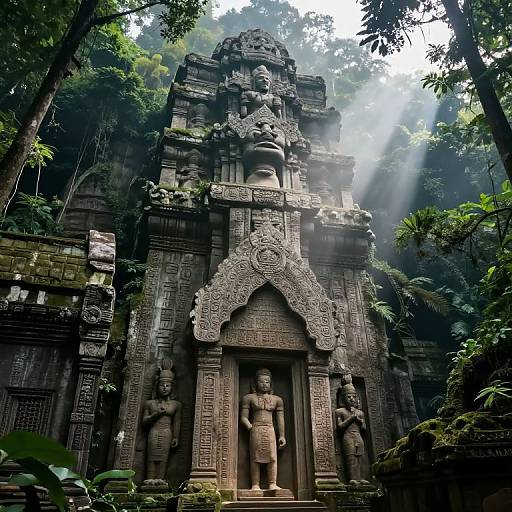 Photograph of an ancient, intricately carved stone temple in a lush, misty jungle, with sunlight streaming through the dense trees.