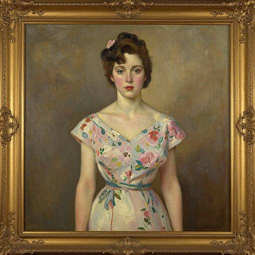 Painted portrait of a young woman with fair skin, dark brown hair, wearing a floral off-shoulder dress, framed in an ornate gold