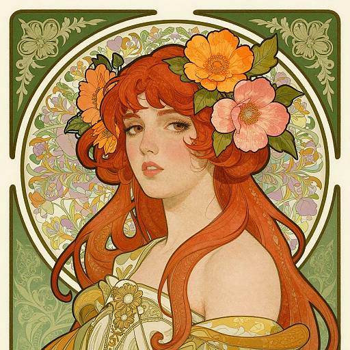 Digital illustration of a red-haired woman with flowers in her hair, wearing an off-shoulder golden dress, set against a floral circular background. Art