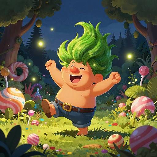 Cartoon baby with green spiky hair, chubby and shirtless, joyfully jumping in a colorful, magical forest filled with glowing candy and fireflies