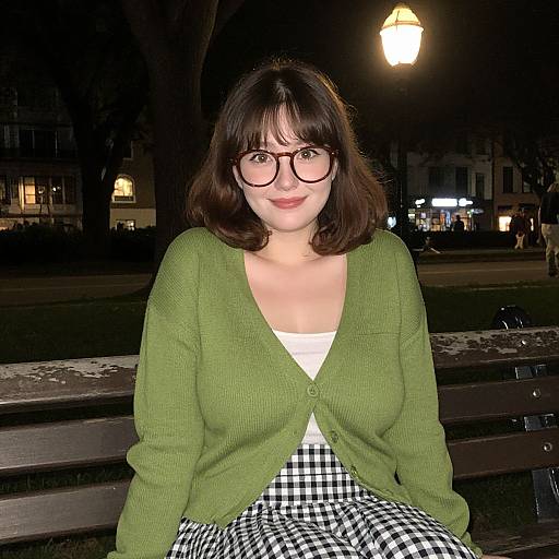 Nighttime photograph of a woman with glasses, green cardigan, white top, and black-and-white checkered skirt, sitting on a bench under a