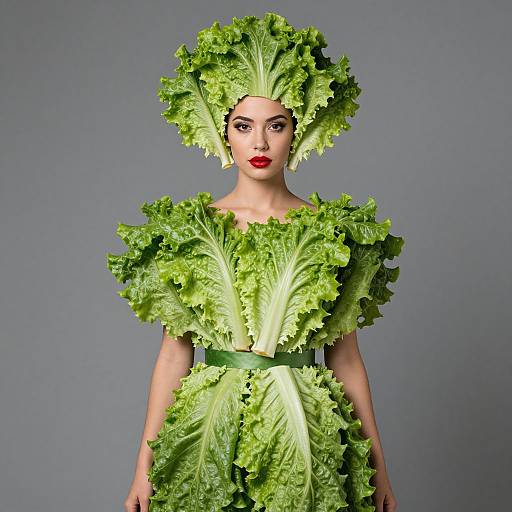 Photograph of a woman with pale skin and red lipstick, wearing a green lettuce dress and matching lettuce headdress, against a gray background.